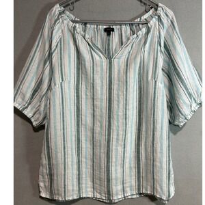 Talbots Linen Blouse Women Medium White Blue Striped Top Classic Summer Coastal
